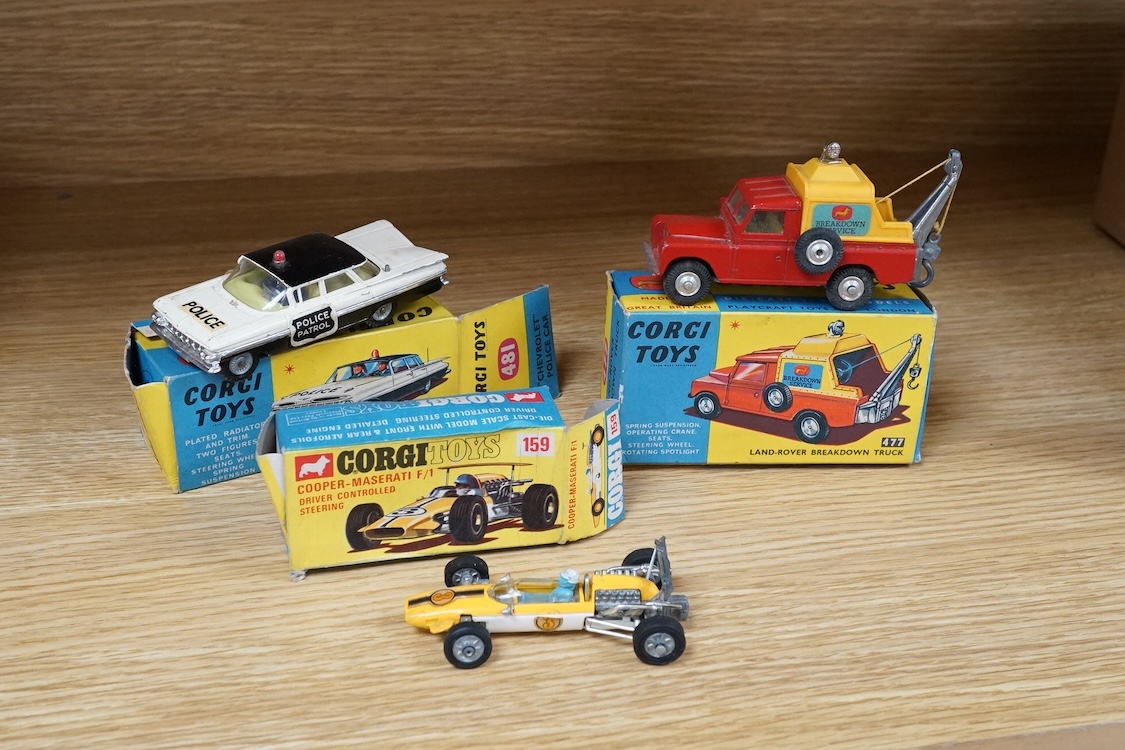 Nine boxed Corgi Toys; Land Rover with Ferrari Racing Car on Trailer (GS No.17), Land Rover (438), Lotus-Climax F1 (158), Cooper-Maserati F1 (159), Chevrolet Fire Chief’s car (482), Chevrolet Police Car (481), MGB GT (32